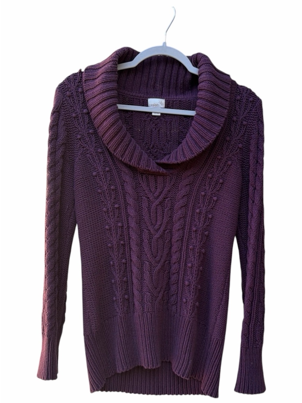 Caslon Plum Cable Knit Sweater Cowl Neck V-Neck Women Size Petite Small